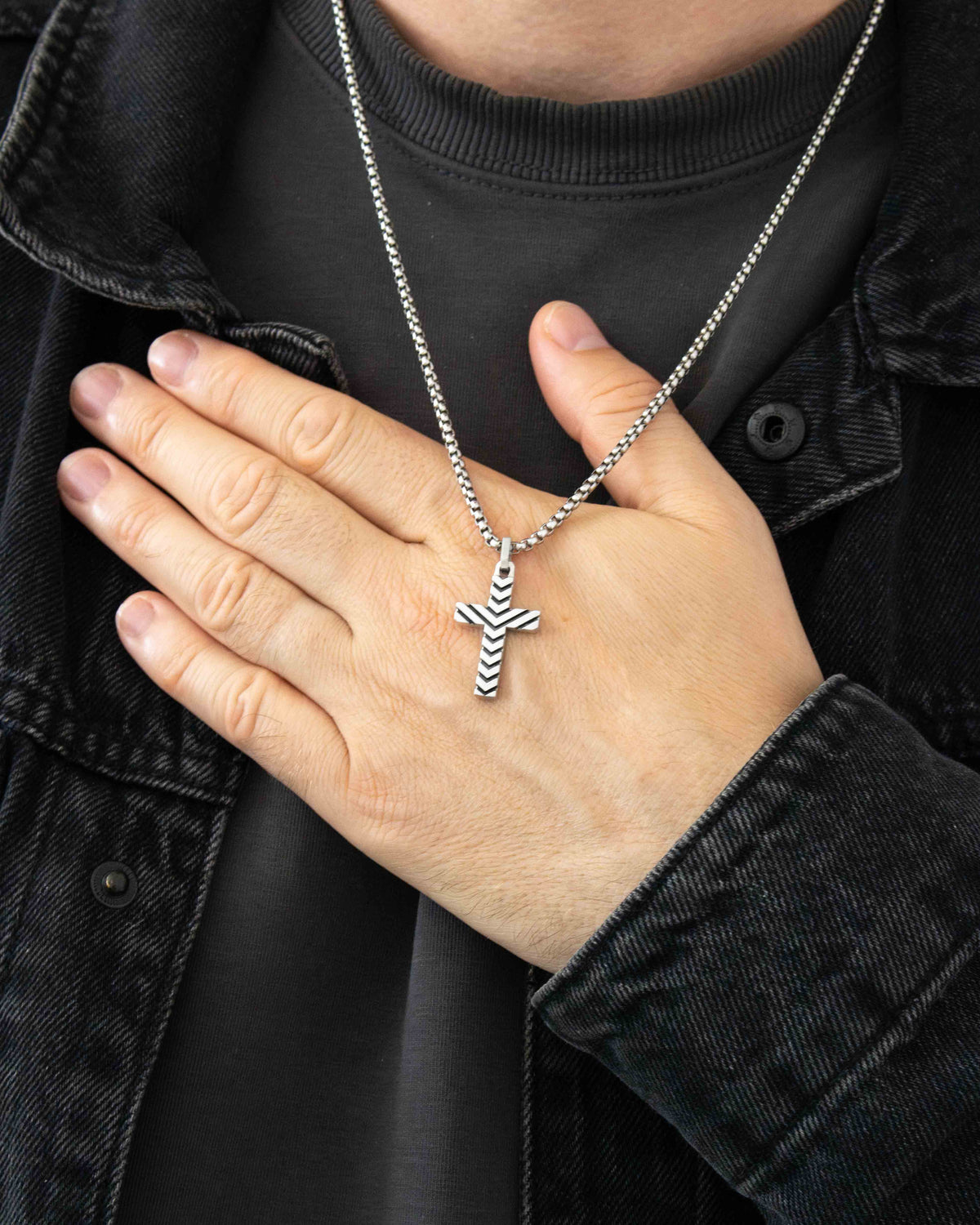 Chevron Cross Pendant Plain and Oxidized Silver
