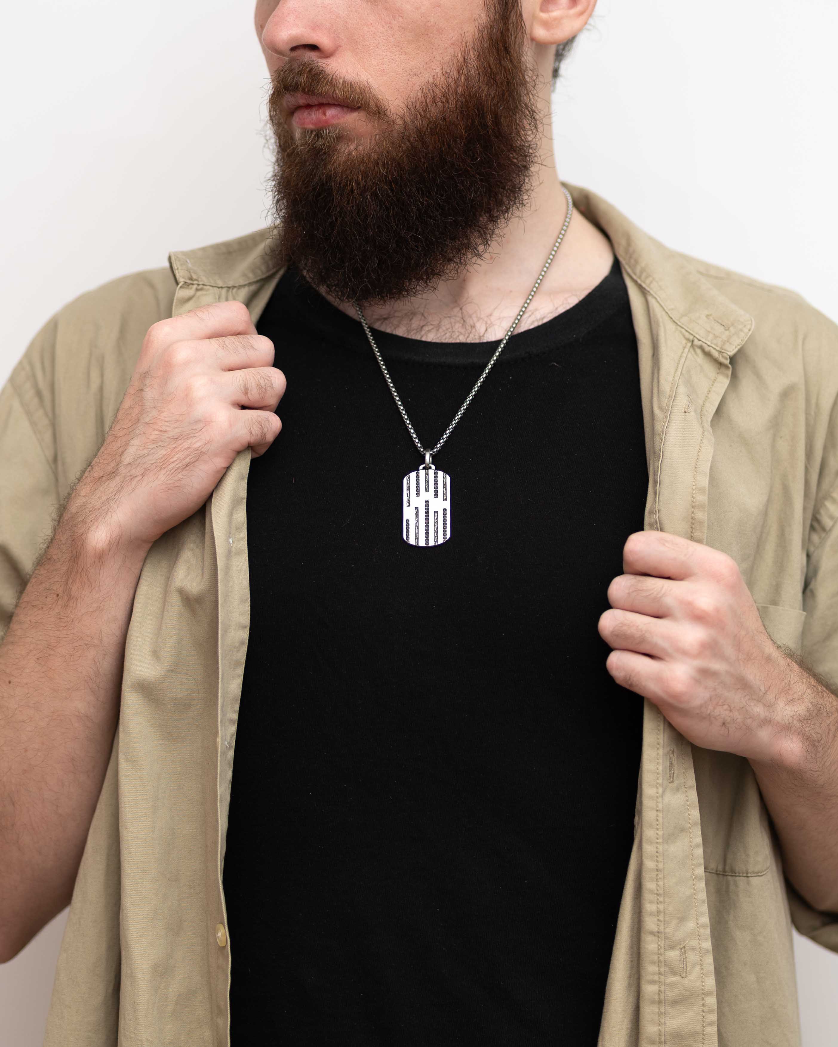 Everyday Silver Pendant Necklace Black Gems and Grooves