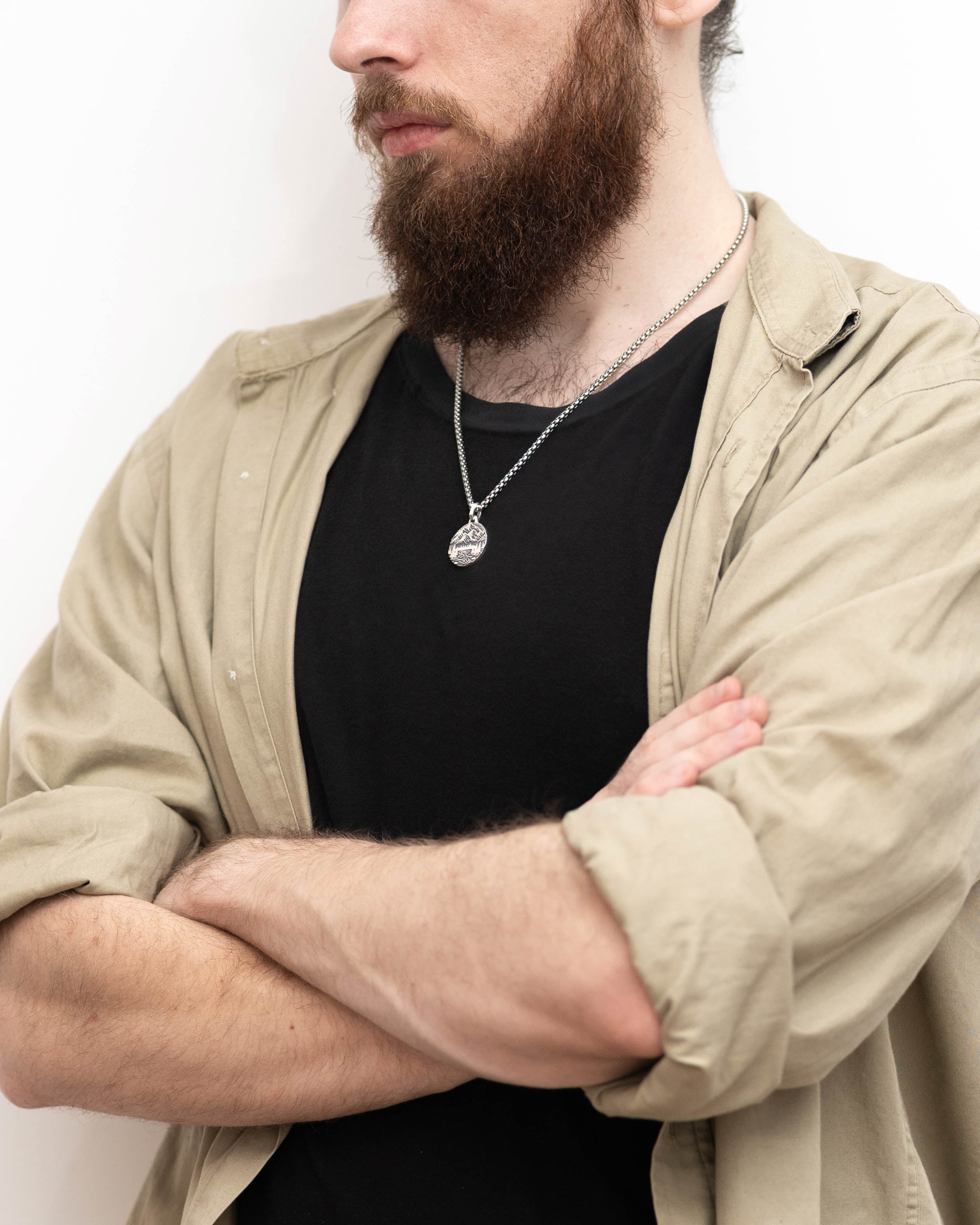 Round Pendant Mountains & Spruce Forest Sterling Silver