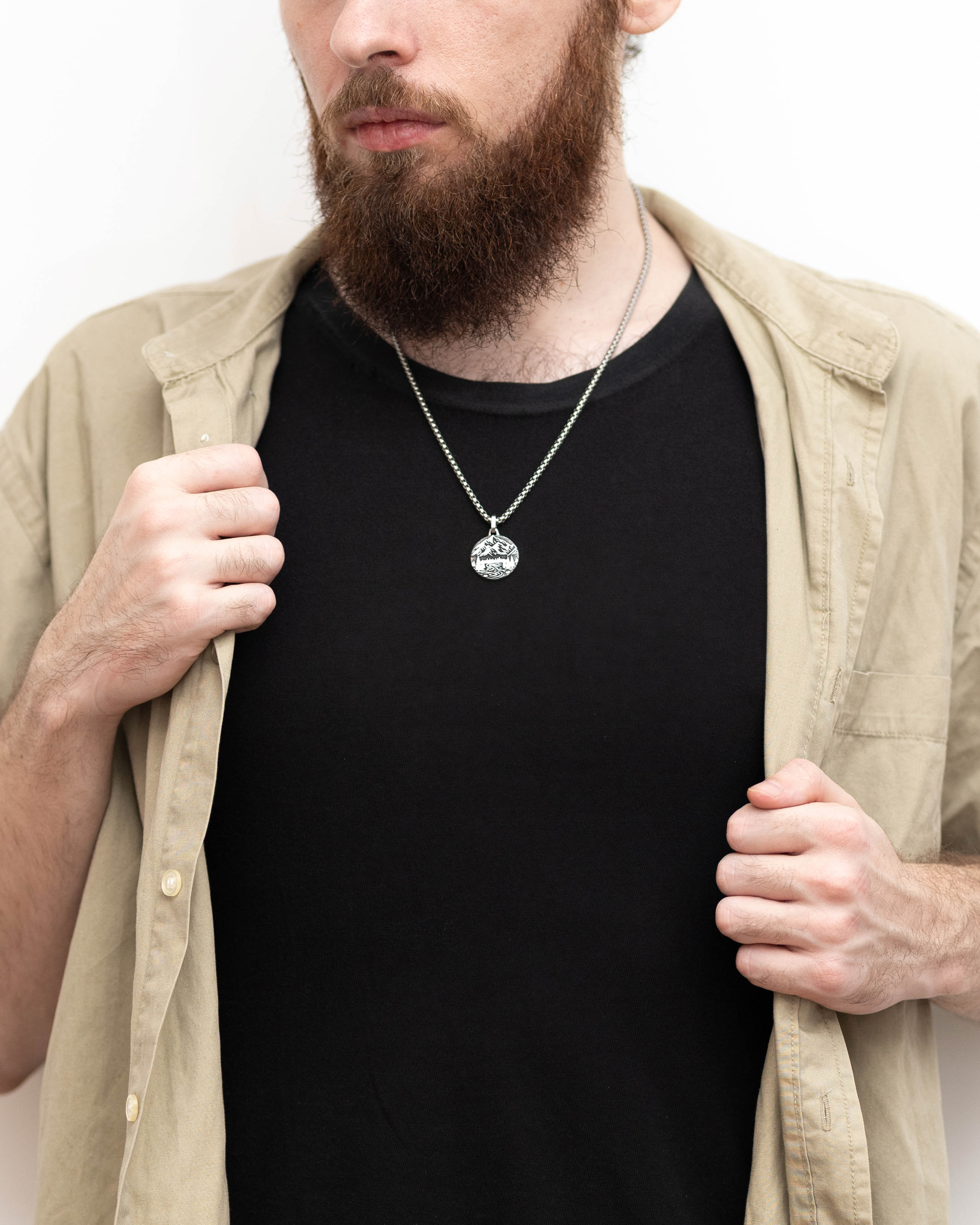 Round Pendant Mountains & Spruce Forest Sterling Silver