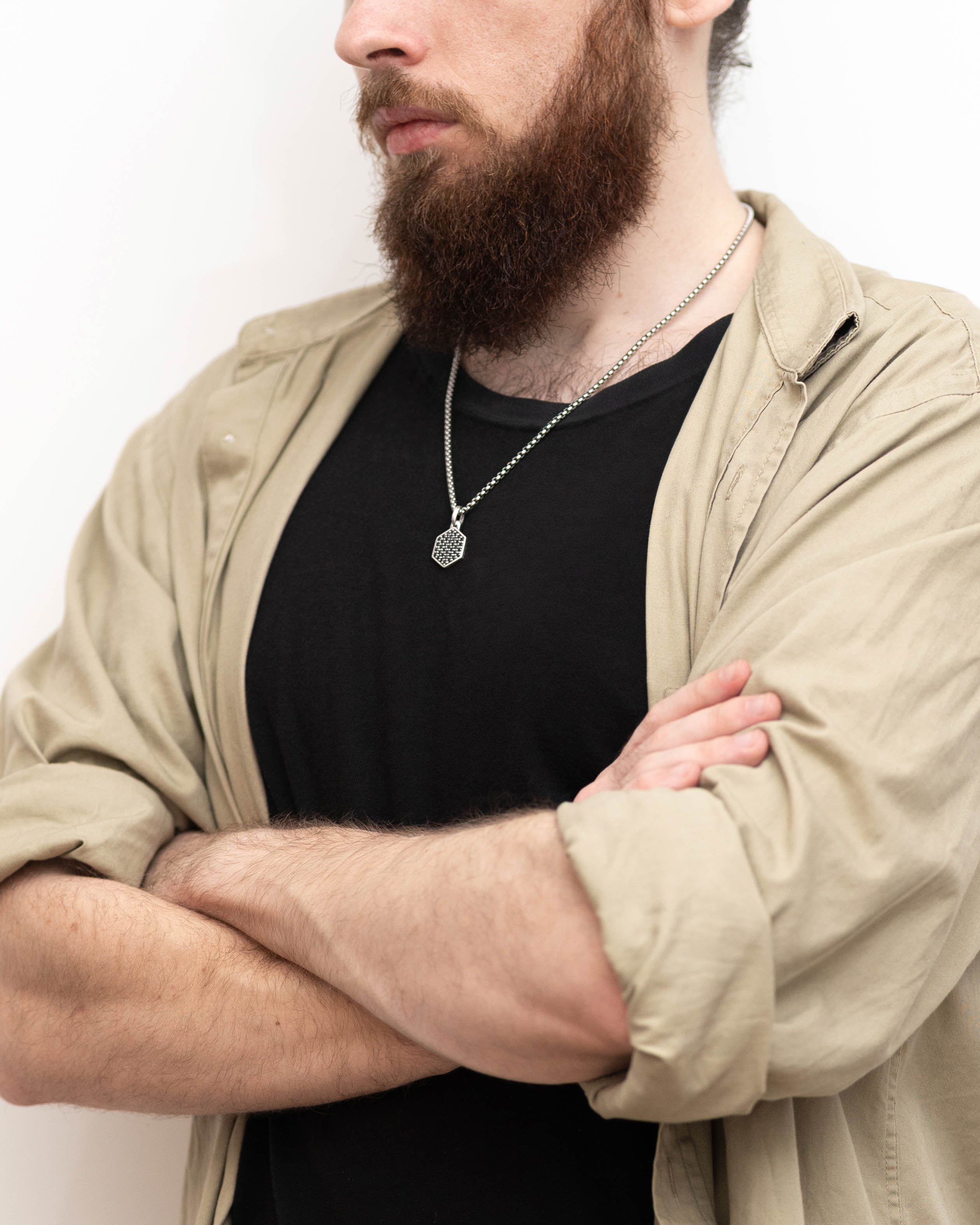 Statement Silver Hexagon Necklace with Black Diamonds CZ