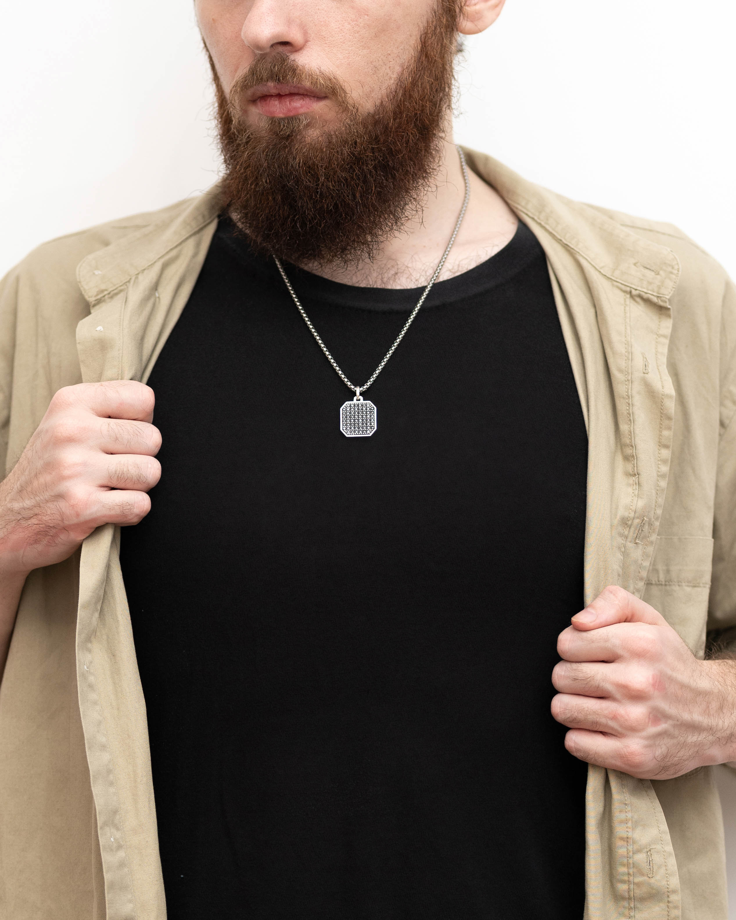 Men's Silver Octagon Cocktail Necklace Black Diamonds CZ