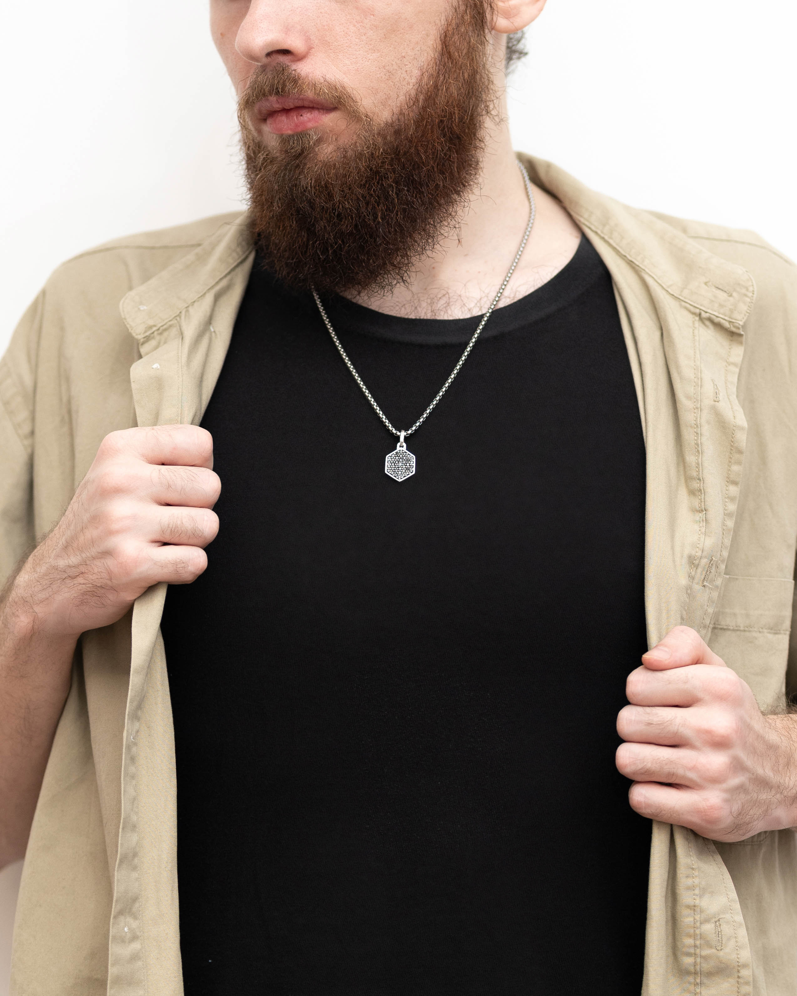 Statement Silver Hexagon Necklace with Black Diamonds CZ