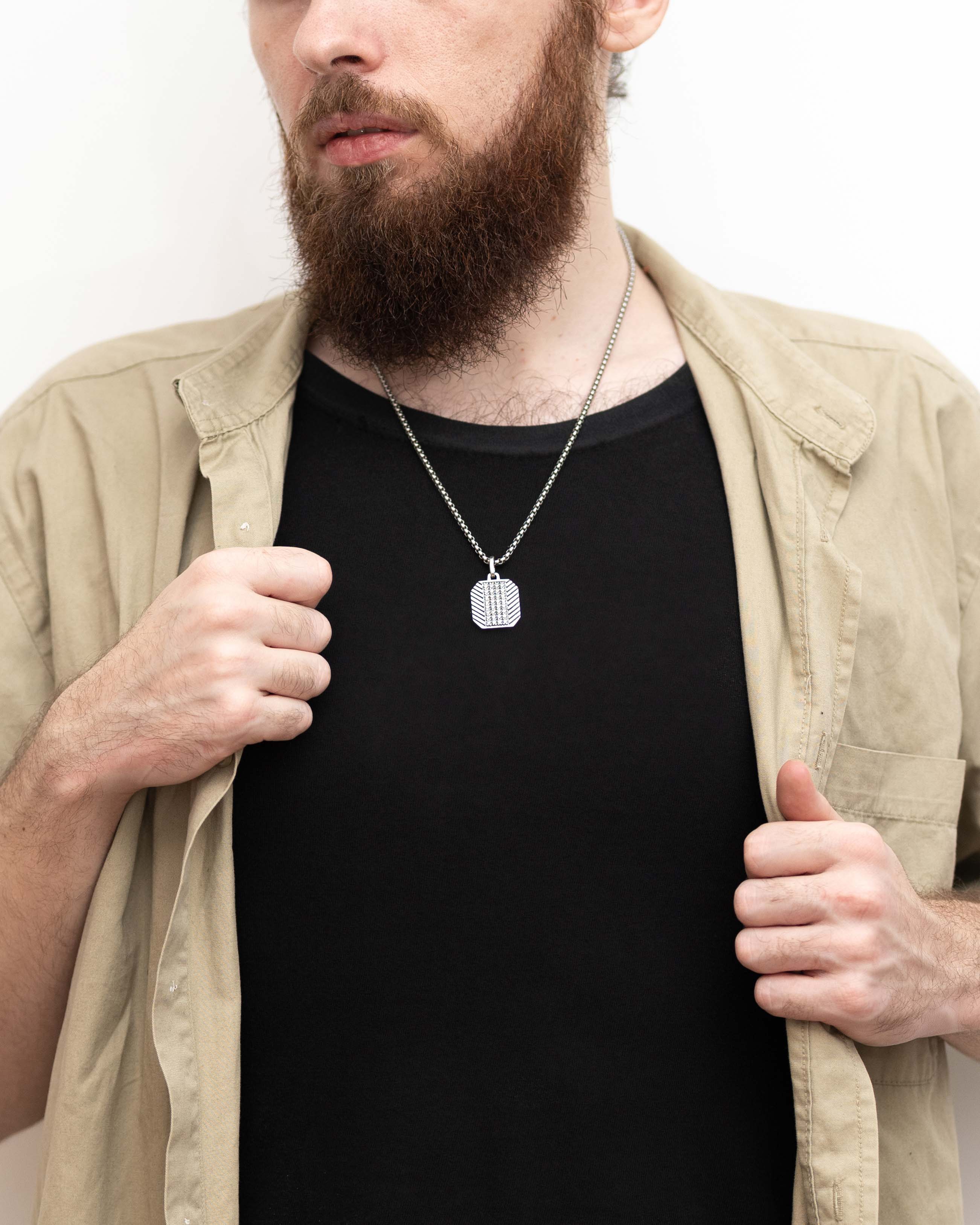 Men's Classy Patterned Silver Necklace with Diamonds CZ