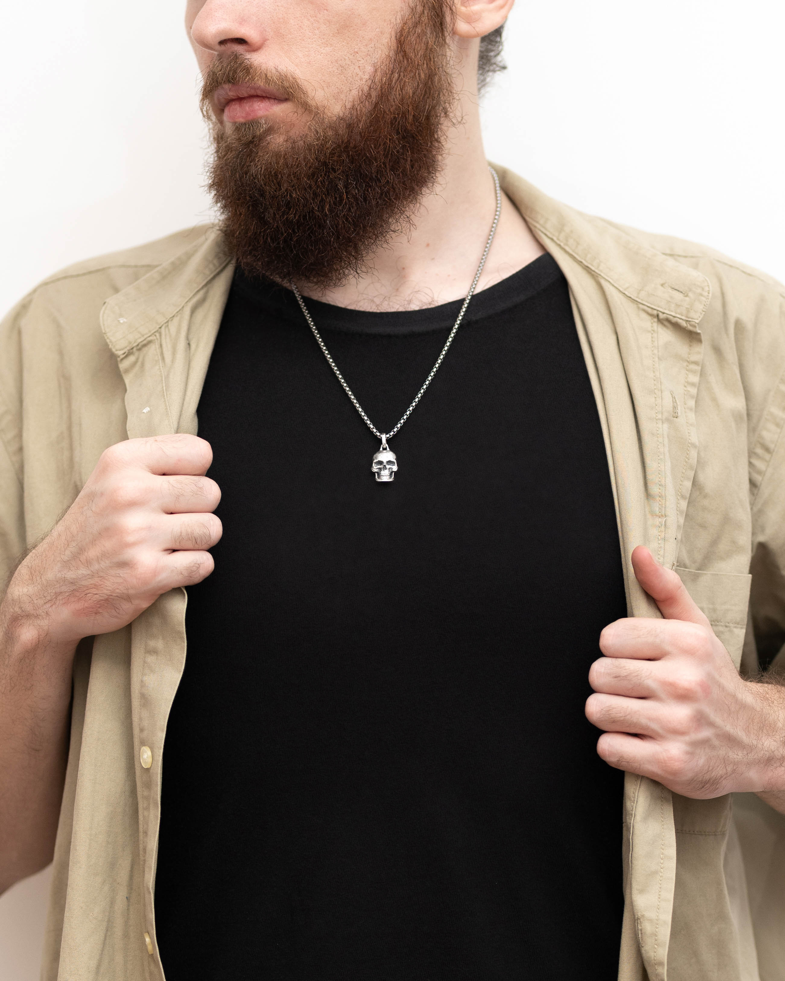 Masculine Skull Pendant Necklace Sterling Silver