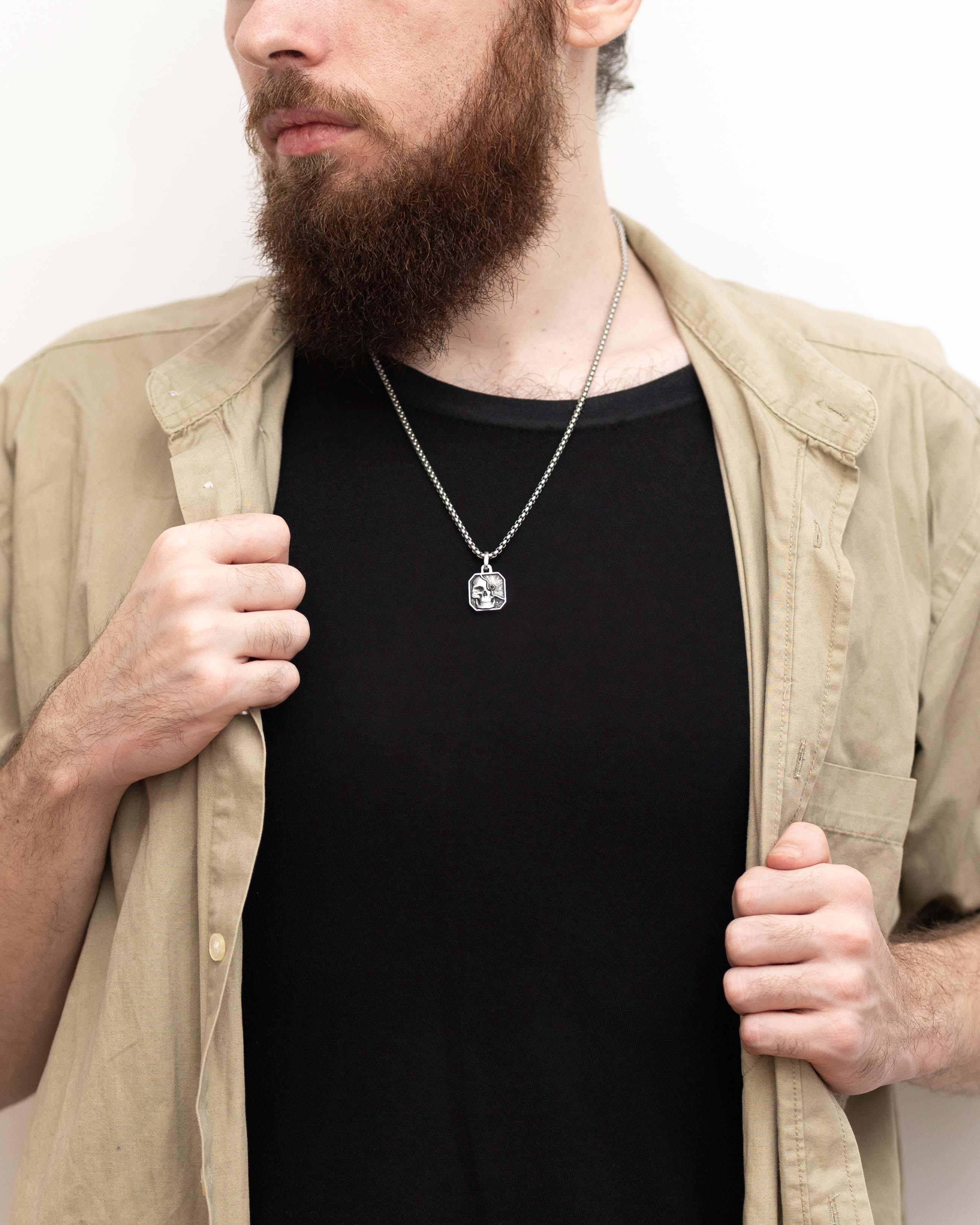 Gothic Octagon Pendant Skull & Black Diamond CZ Silver