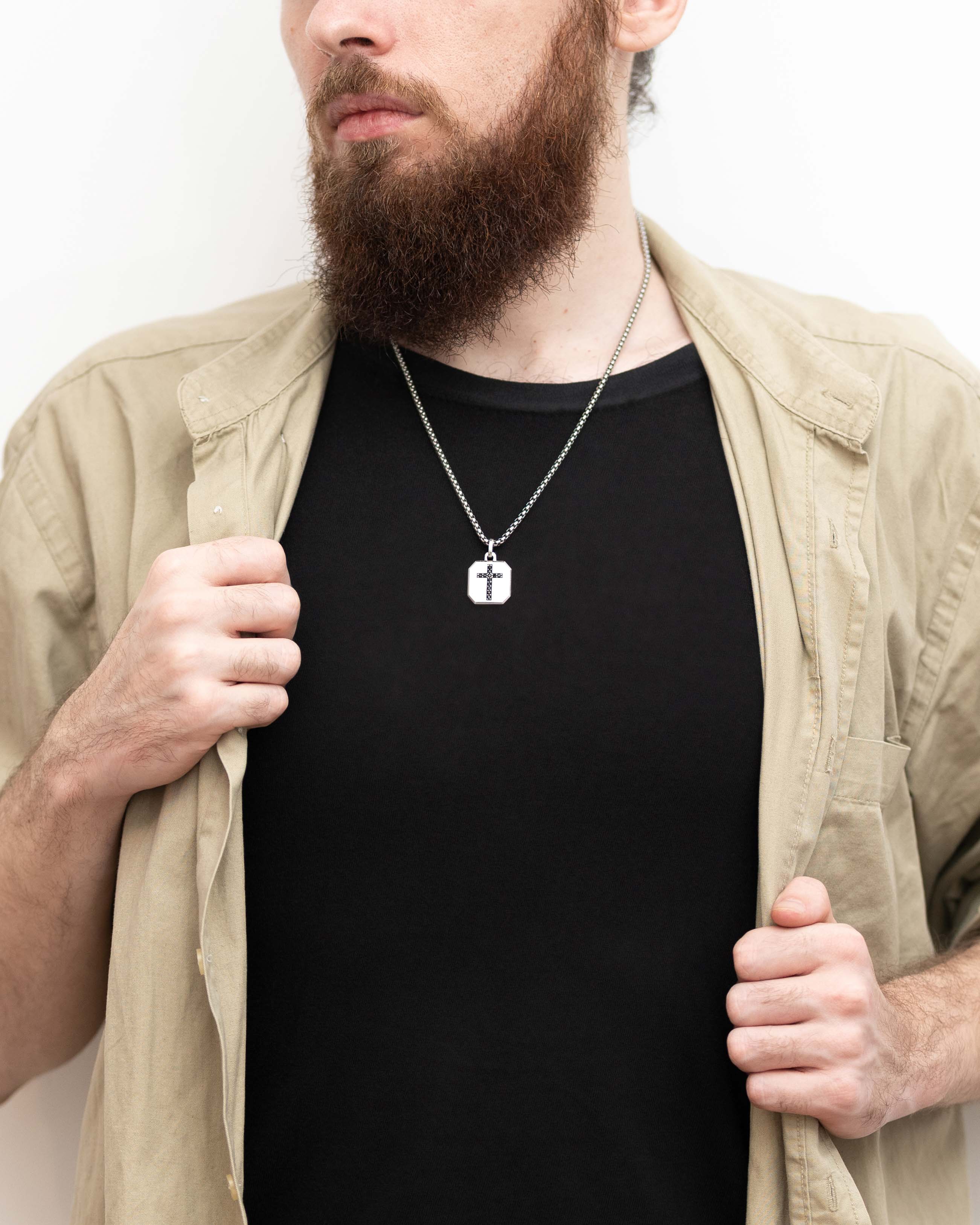 Men's Wide Cross Pendant Black Stones Octagon Shape