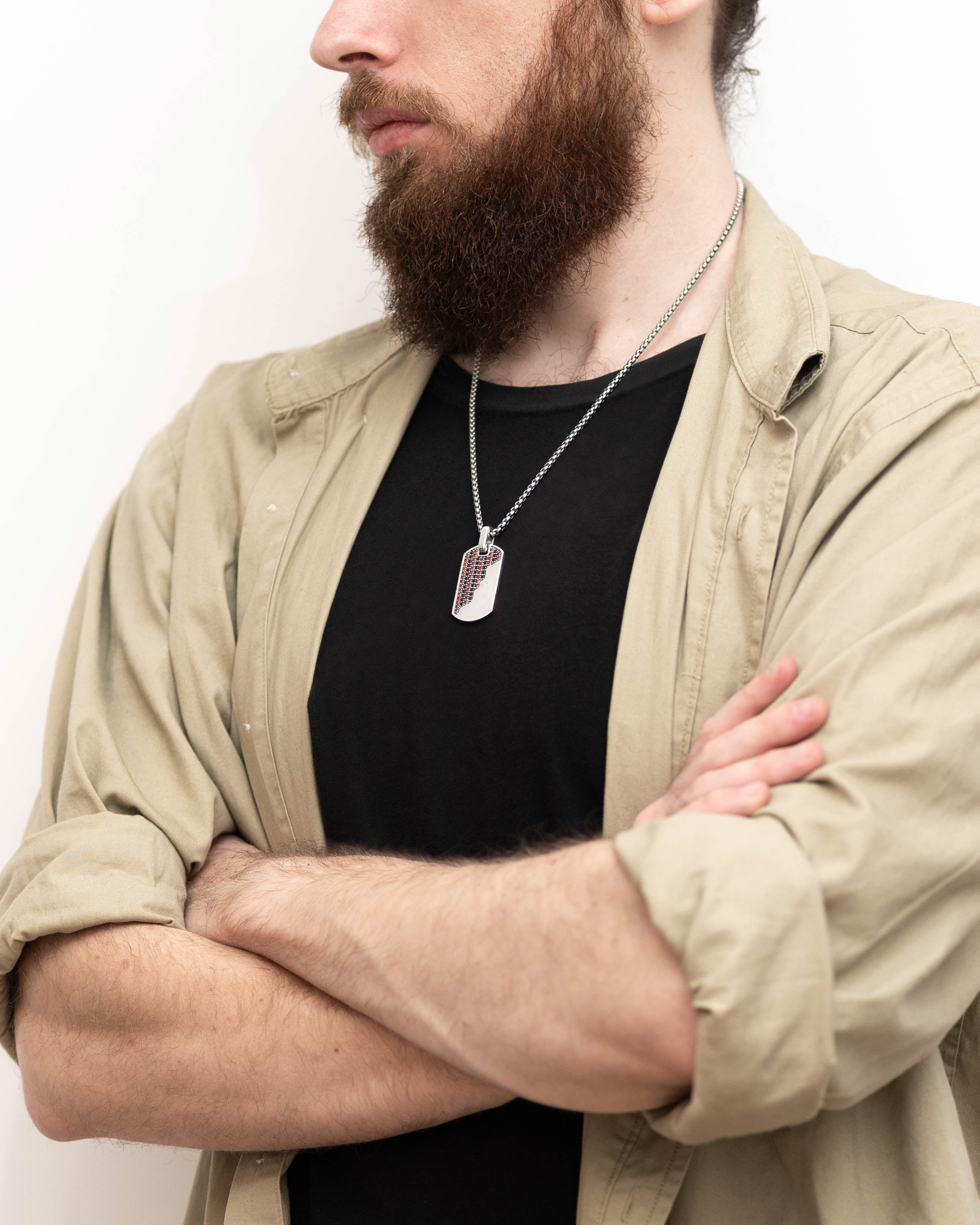 Silver Dog Tag Necklace Black & Red Stones Half Design