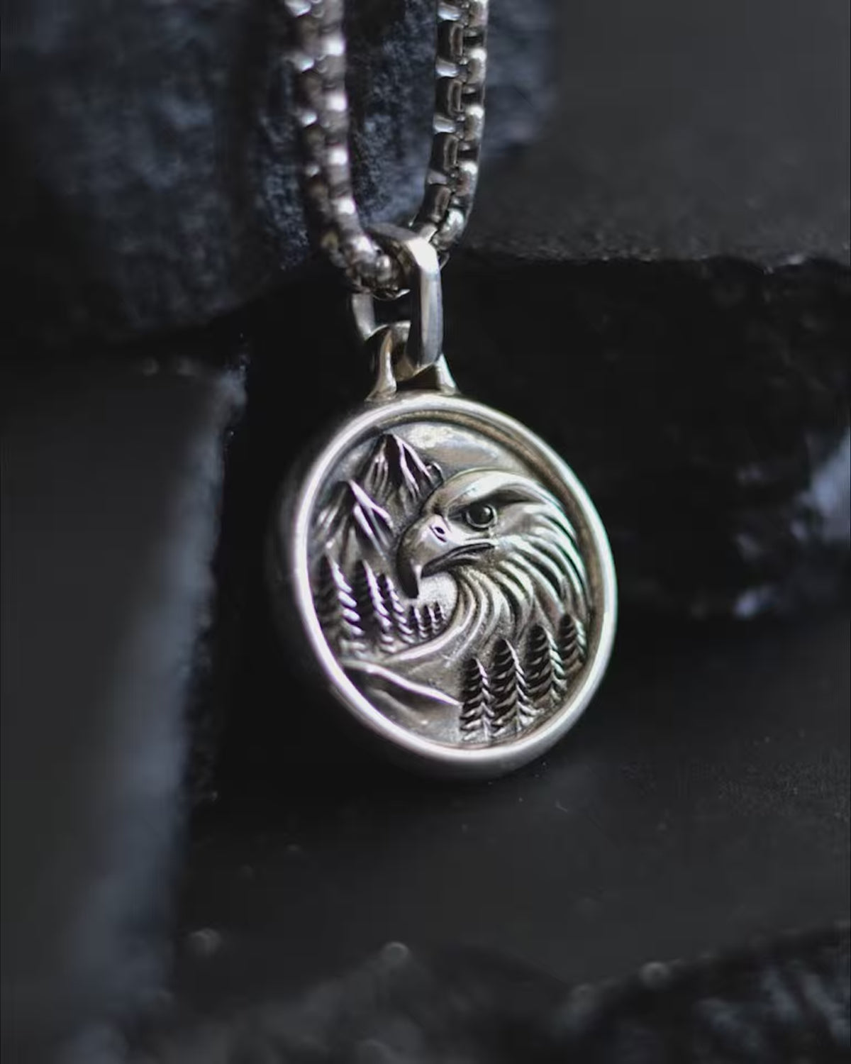 Mountain Eagle Pendant Necklace Silver Round Shape