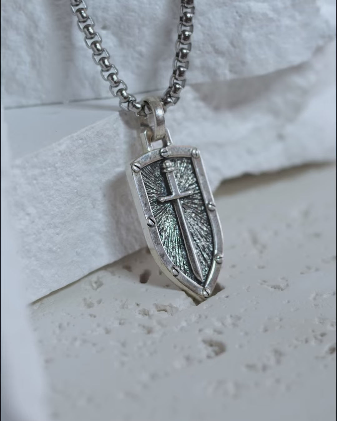 Shield & Sword Pendant Necklace Fine Silver