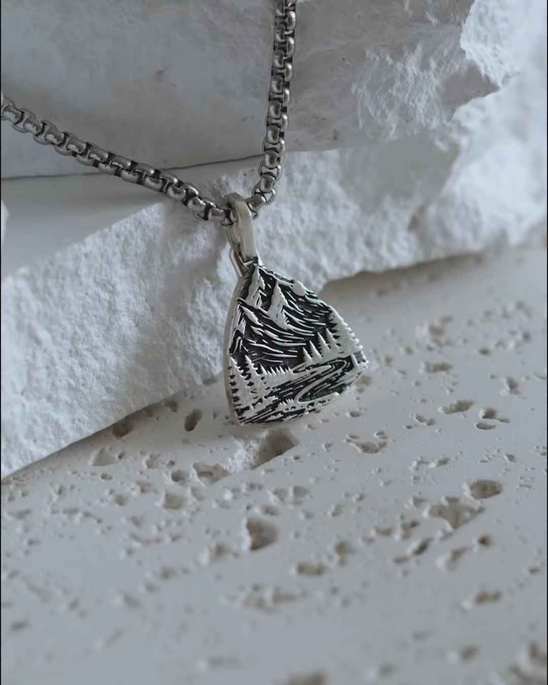 Mountains & Forest Silver Necklace Three-Sided Design
