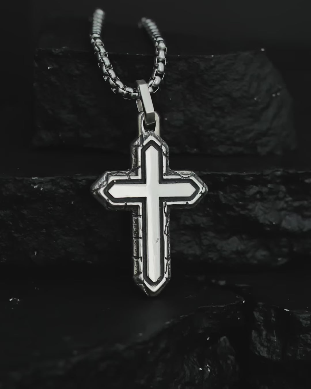 Layered Silver Cross Necklace with Textured Border