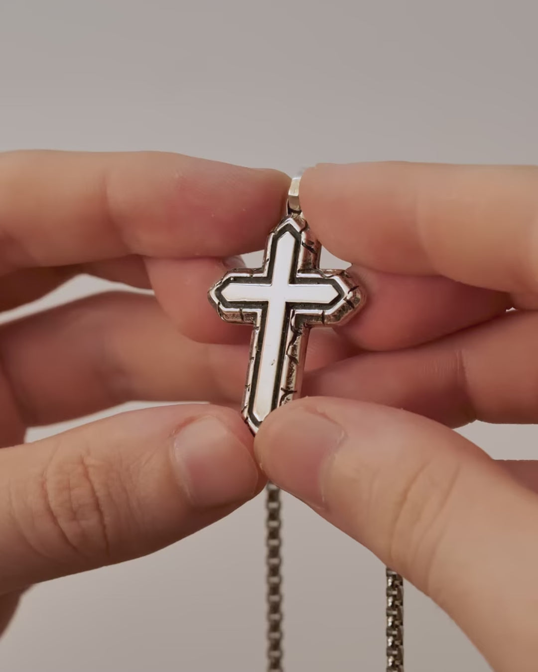 Layered Silver Cross Necklace with Textured Border