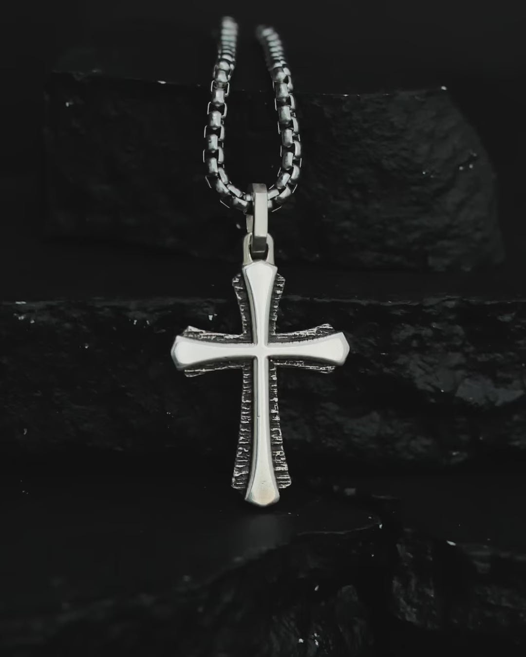 Double Textured Cross Pendant Tree Bark and Plain Silver