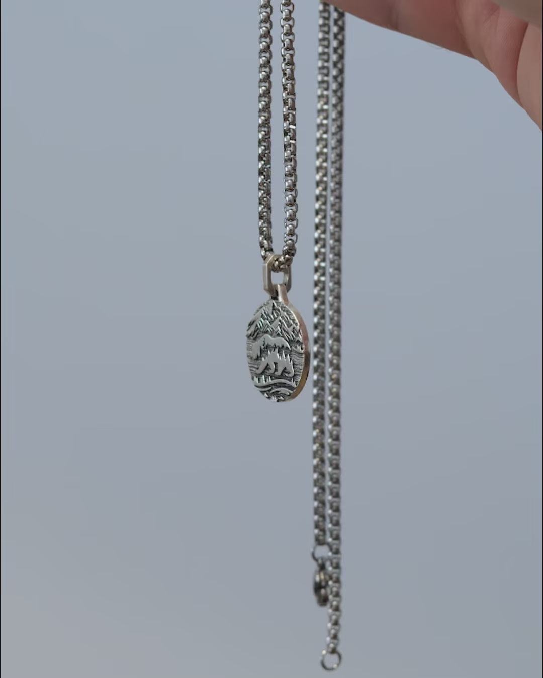 Mountains & Bear Round Necklace Sterling Silver