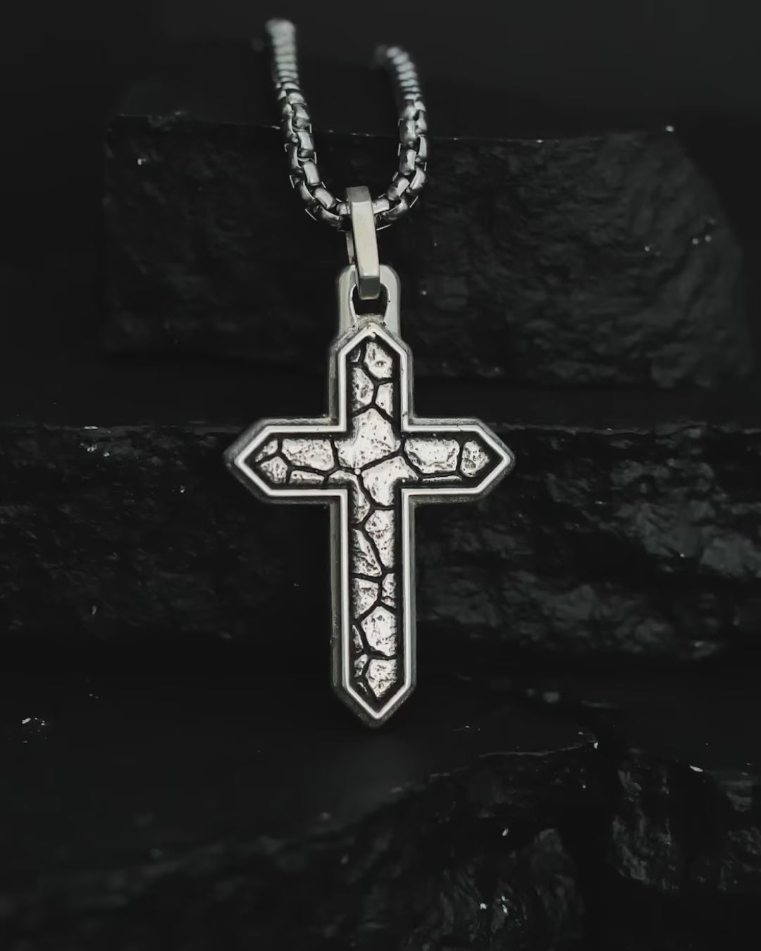 Earthy Cross Pendant Necklace Cracked Design Silver