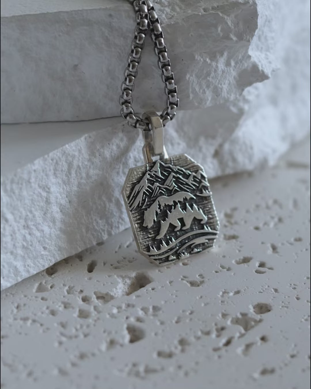 Bear and Mountains Silver Pendant Necklace Octagonal Design