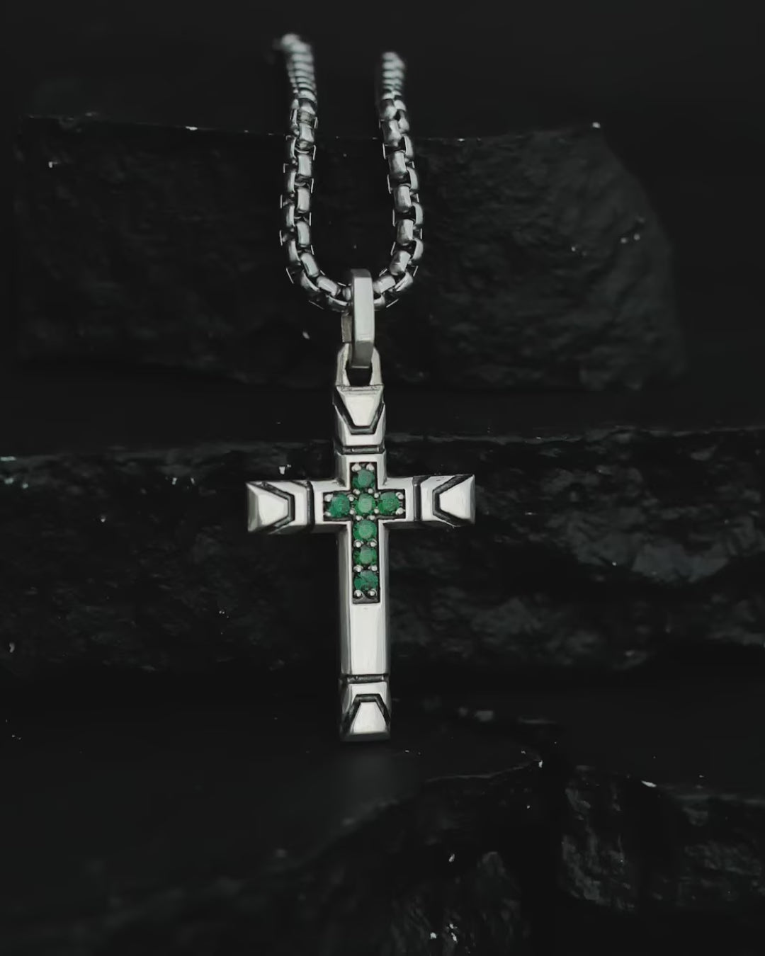 Streetwear Cross Necklace with Emeralds Solid Silver
