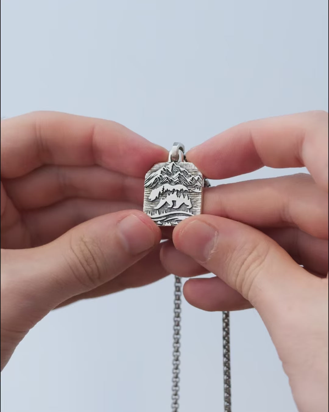 Bear and Mountains Silver Pendant Necklace Octagonal Design