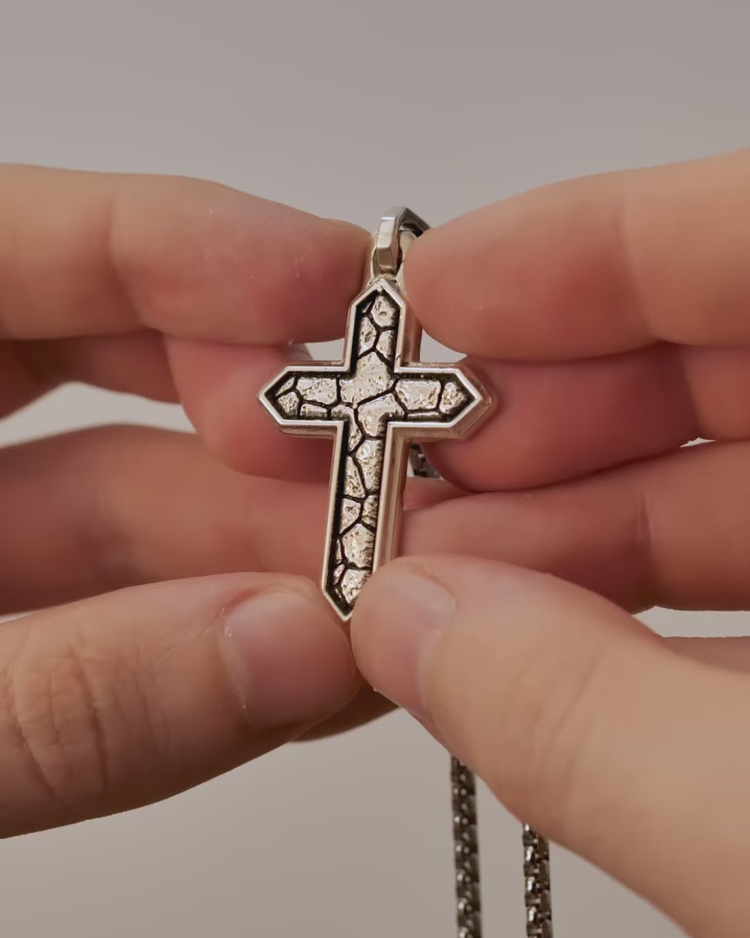 Earthy Cross Pendant Necklace Cracked Design Silver