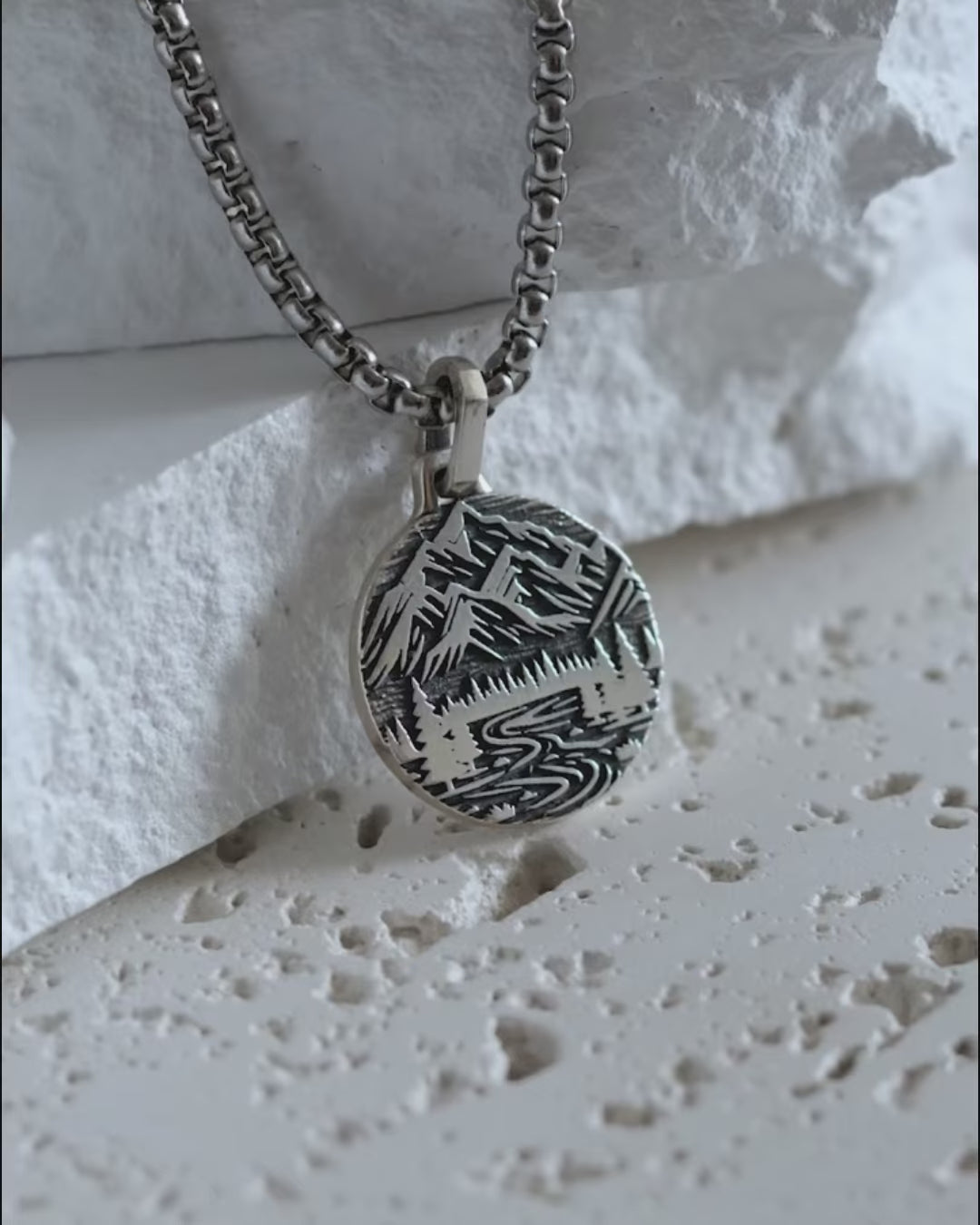 Mountains & Pine Forest Round Necklace Fine Silver 925