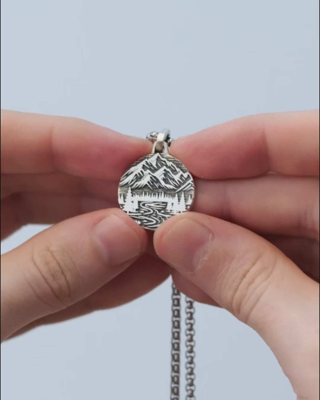 Mountains & Pine Forest Round Necklace Fine Silver 925