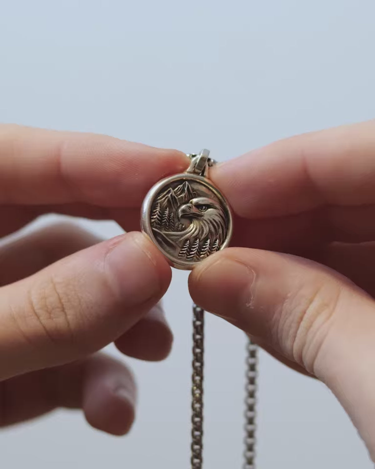 Mountain Eagle Pendant Necklace Silver Round Shape