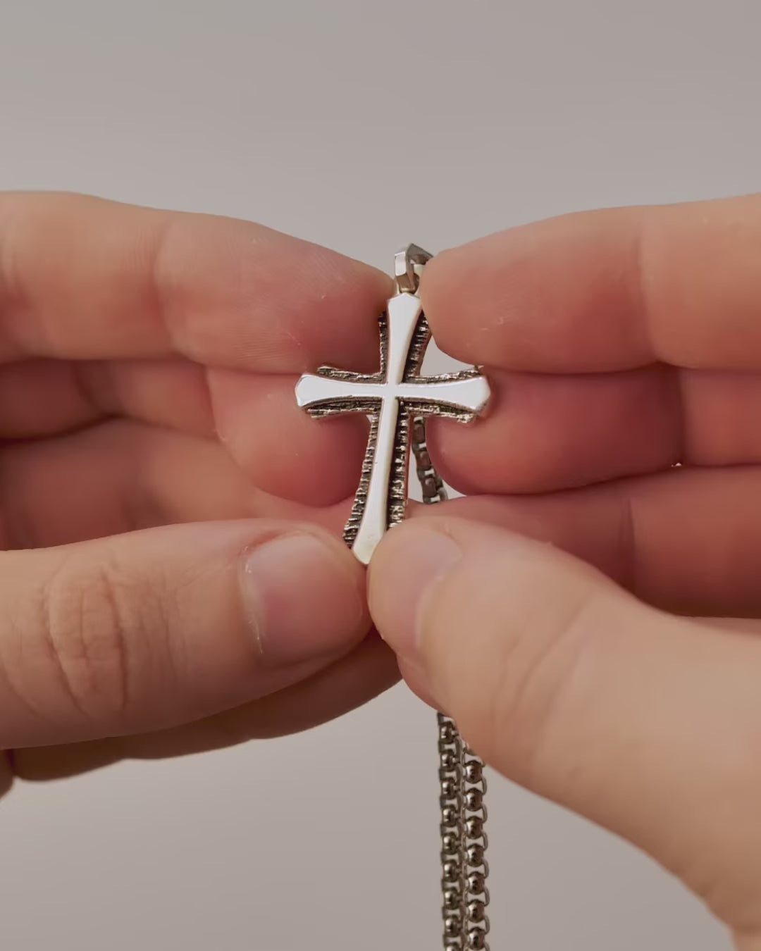 Double Textured Cross Pendant Tree Bark and Plain Silver