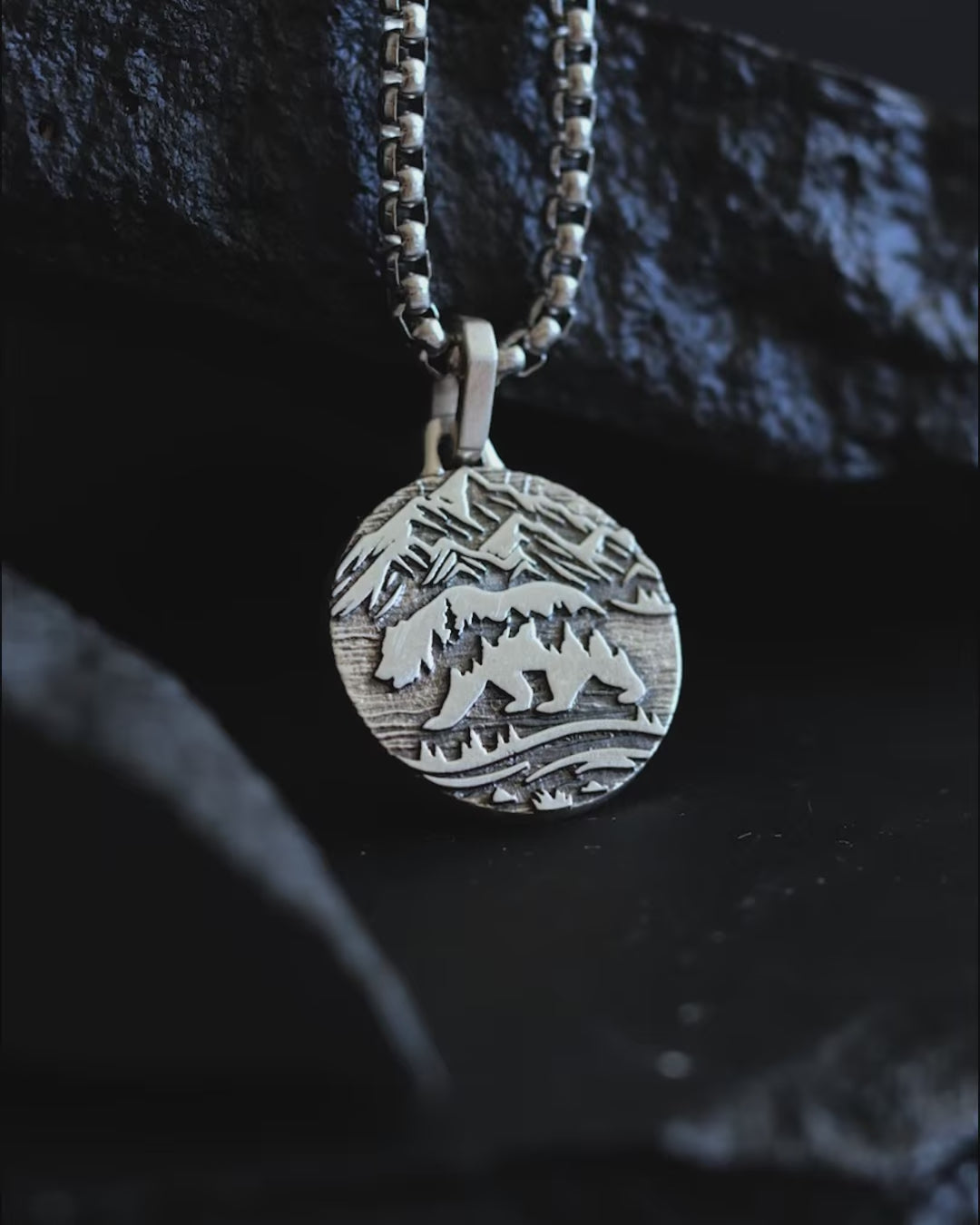 Mountains & Bear Round Necklace Sterling Silver